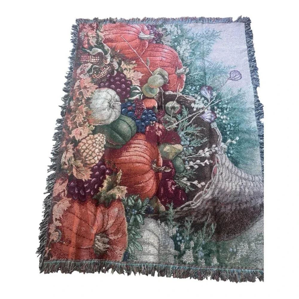 Vintage Autumn Harvest Large Blanket Throw Fringe  4ft x 5 Ft Gorgeous